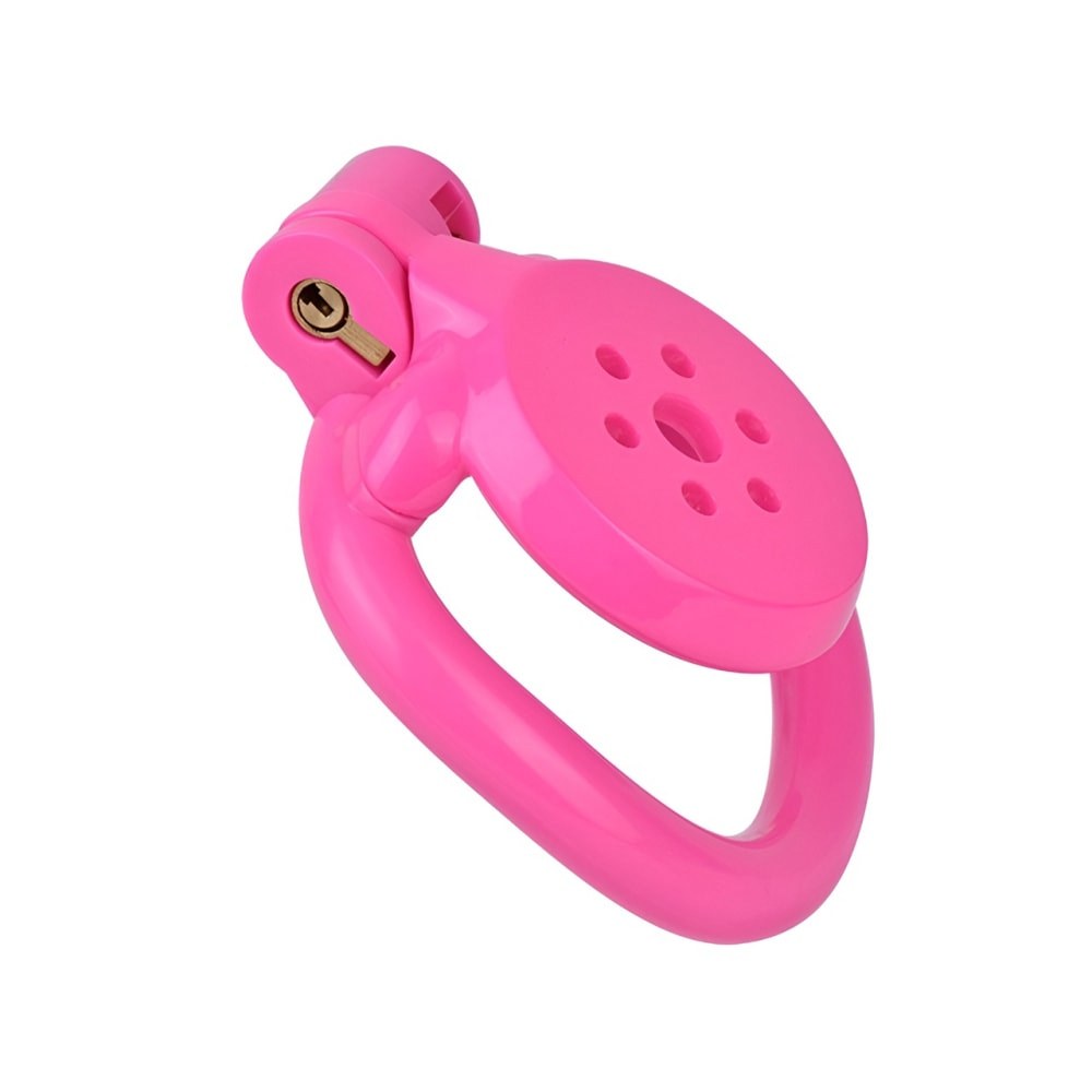 "Pink chastity cage with a sleek design for small chastity cage users and gay chastity play."