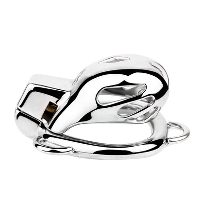 "Tiny silver chastity cage for tease, denial, and long-term wear."