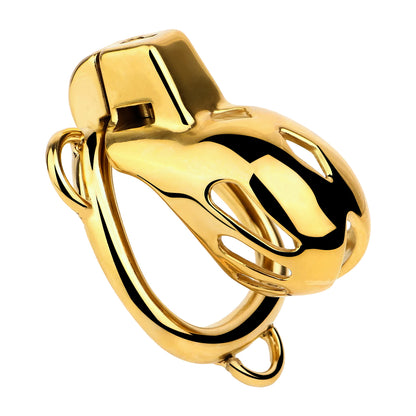 "Elegant gold chastity cage for male submission."