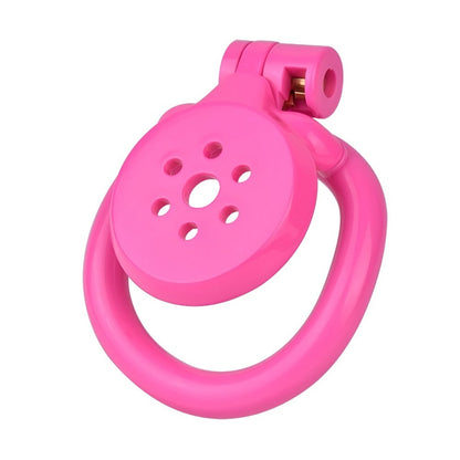 "Pink chastity cage crafted for comfort, paired with a flat chastity cage for permanent chastity wear."