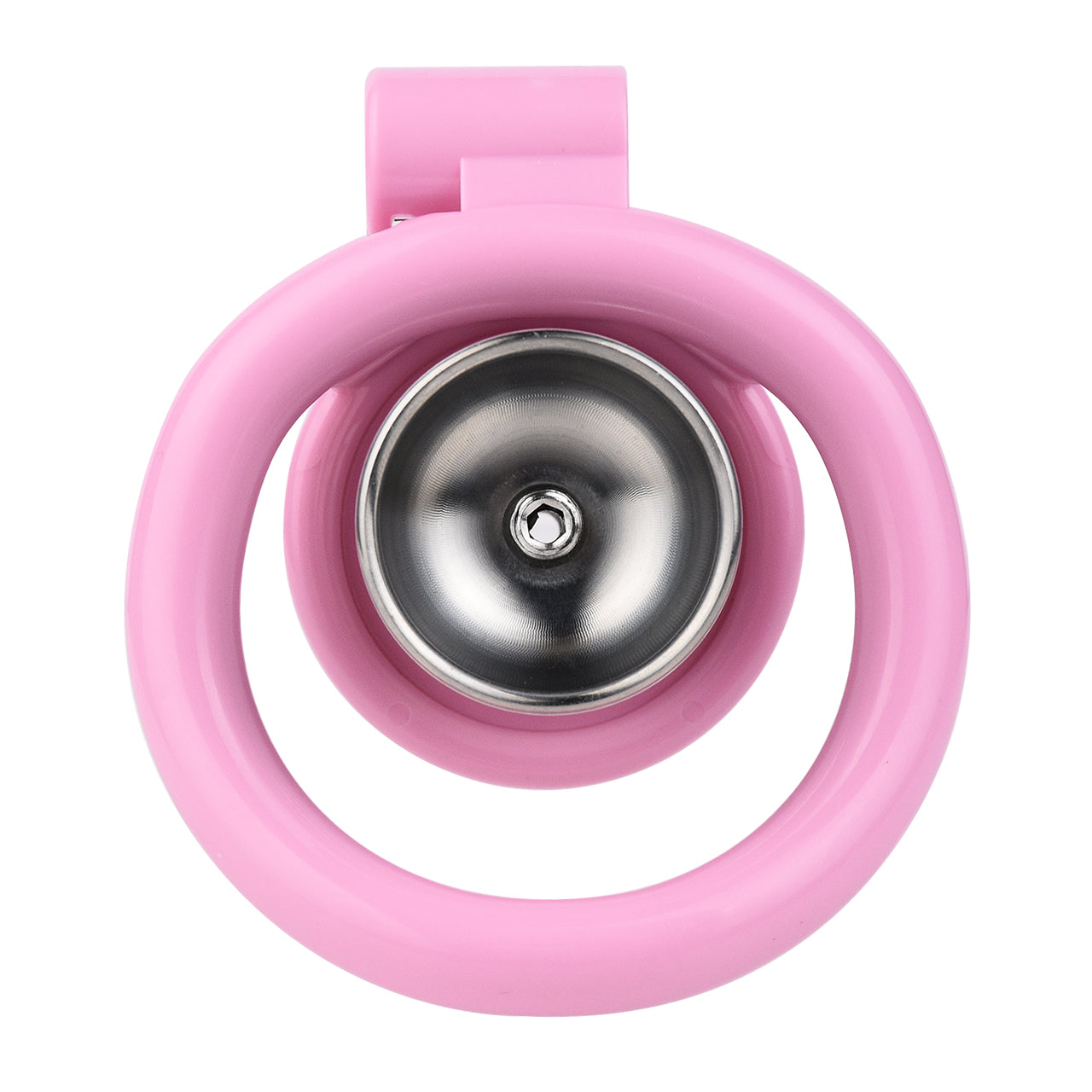 "Flat chastity cage and inverted chastity cage side by side, with a 3D printed chastity cage and a vibrant pink chastity cage."