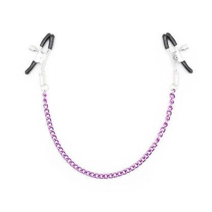 Adjustable metal nipple clamps with non-slip rubber tips and a purple chain. Ideal for customizable pinch pressure and sensual pleasure.