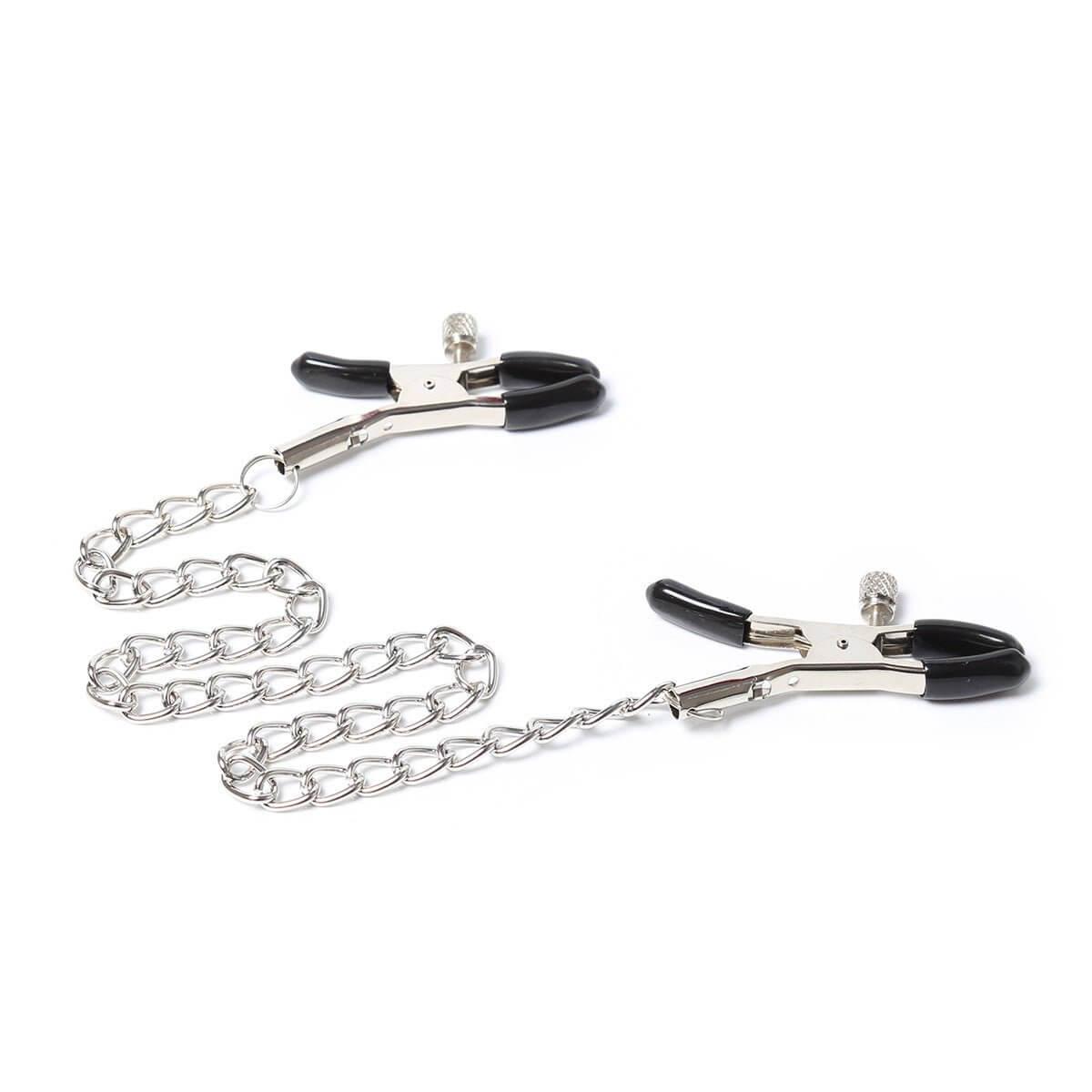 Adjustable metal nipple clamps with black rubber tips and chain, non-piercing, seductive and customizable pinch pressure for sensual pleasure - silver.