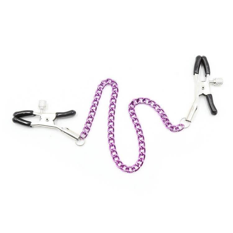 Adjustable metal nipple clamps with purple chain and non-slip rubber tips, customizable pinch pressure - Silver