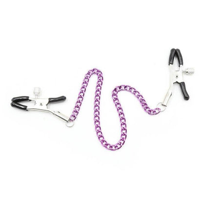 Adjustable metal nipple clamps with purple chain and non-slip rubber tips, customizable pinch pressure - Silver