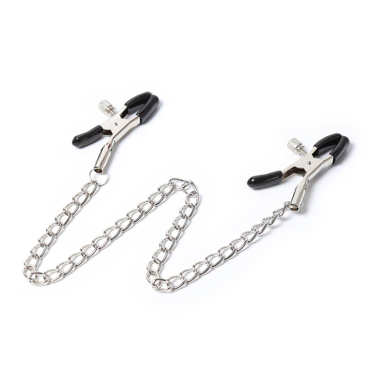 Adjustable silver metal nipple clamps with black rubber tips connected by a chain for non-piercing use and customizable pinch pressure