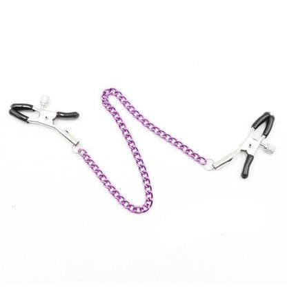 Adjustable metal nipple clamps with purple chain, featuring soft rubber tips and screw mechanism for customizable pinch pressure.