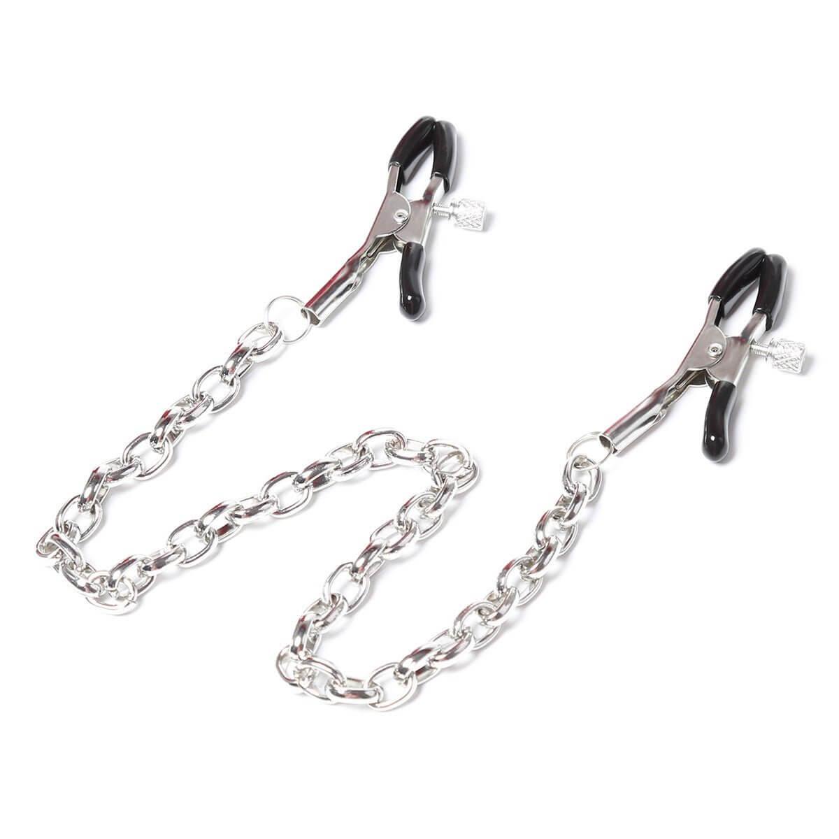 Adjustable metal nipple clamps with non-slip rubber tips and connecting chain in silver color.