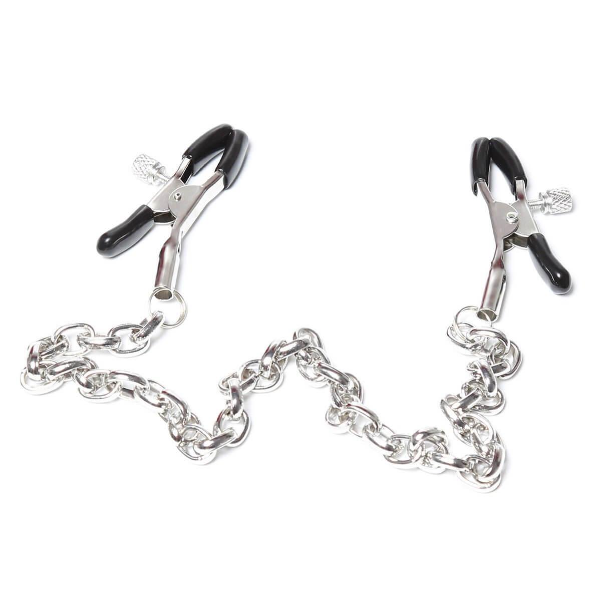 Adjustable metal nipple clamps with non-slip rubber tips and chain, silver color.