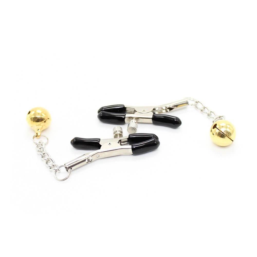 Adjustable metal nipple clamps with bells – non-piercing, featuring black non-slip rubber tips and customizable pinch pressure.