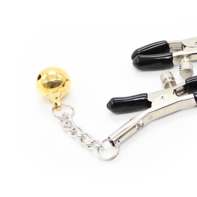 Adjustable metal nipple clamps with soft rubber grips and golden bells attached.