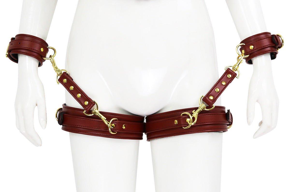 Brown BDSM bondage leg cuffs with arm restraints