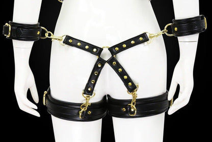 Close-up of black BDSM bondage leg cuffs set