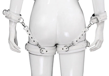 White BDSM bondage leg cuffs with arm restraints