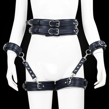 Black BDSM bondage leg cuffs with waist belt