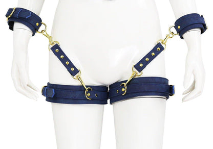 Blue BDSM bondage leg cuffs with arm restraints