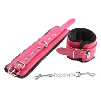 Pink fur-lined BDSM handcuffs and restraint