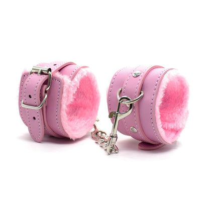 Pink fur-lined BDSM handcuffs with chain