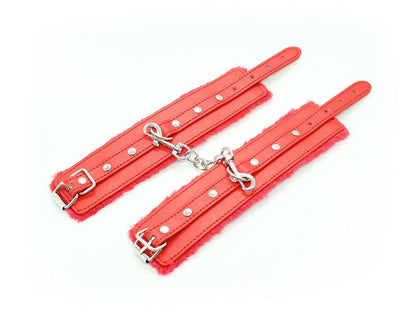 Red fur-lined BDSM wrist restraints with chain