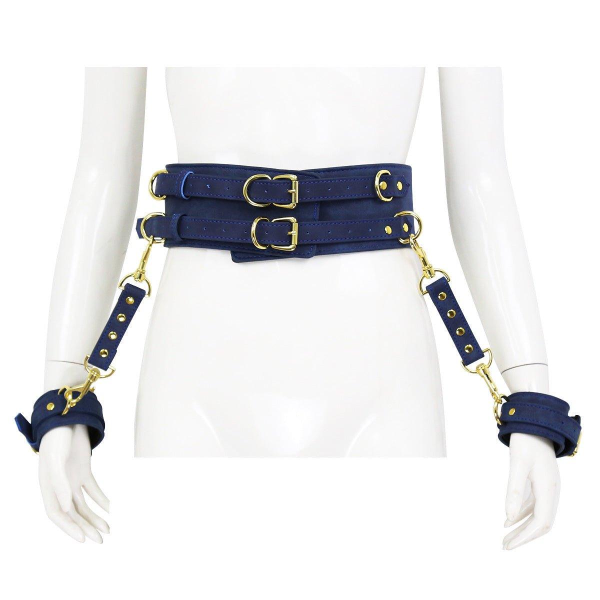 Blue BDSM bondage waist and hand cuffs with gold accents