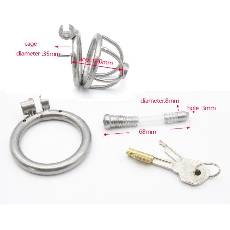 Chastity cage components with dimensions and keys