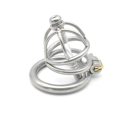 Steel chastity cage with urethral tube and lock