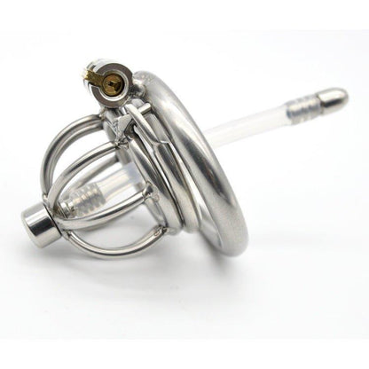 Steel chastity cage featuring urethral tube