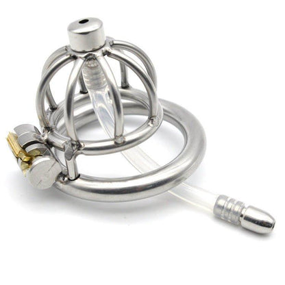 Steel chastity cage with urethral tube and lock