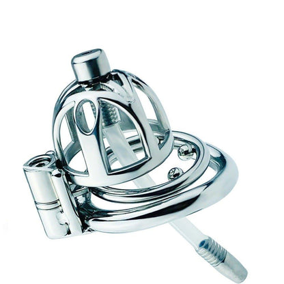 Assembled steel chastity cage with catheter