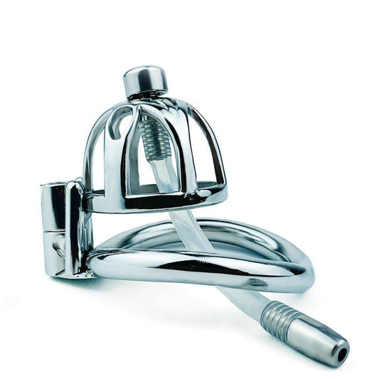 Steel chastity cage with urinary catheter attachment