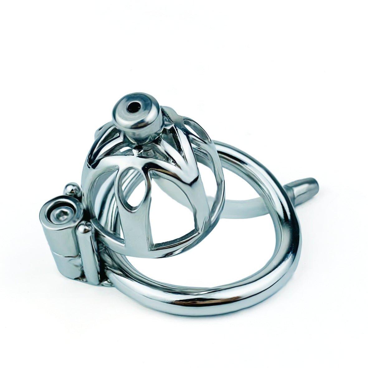 Top view of steel chastity cage with catheter