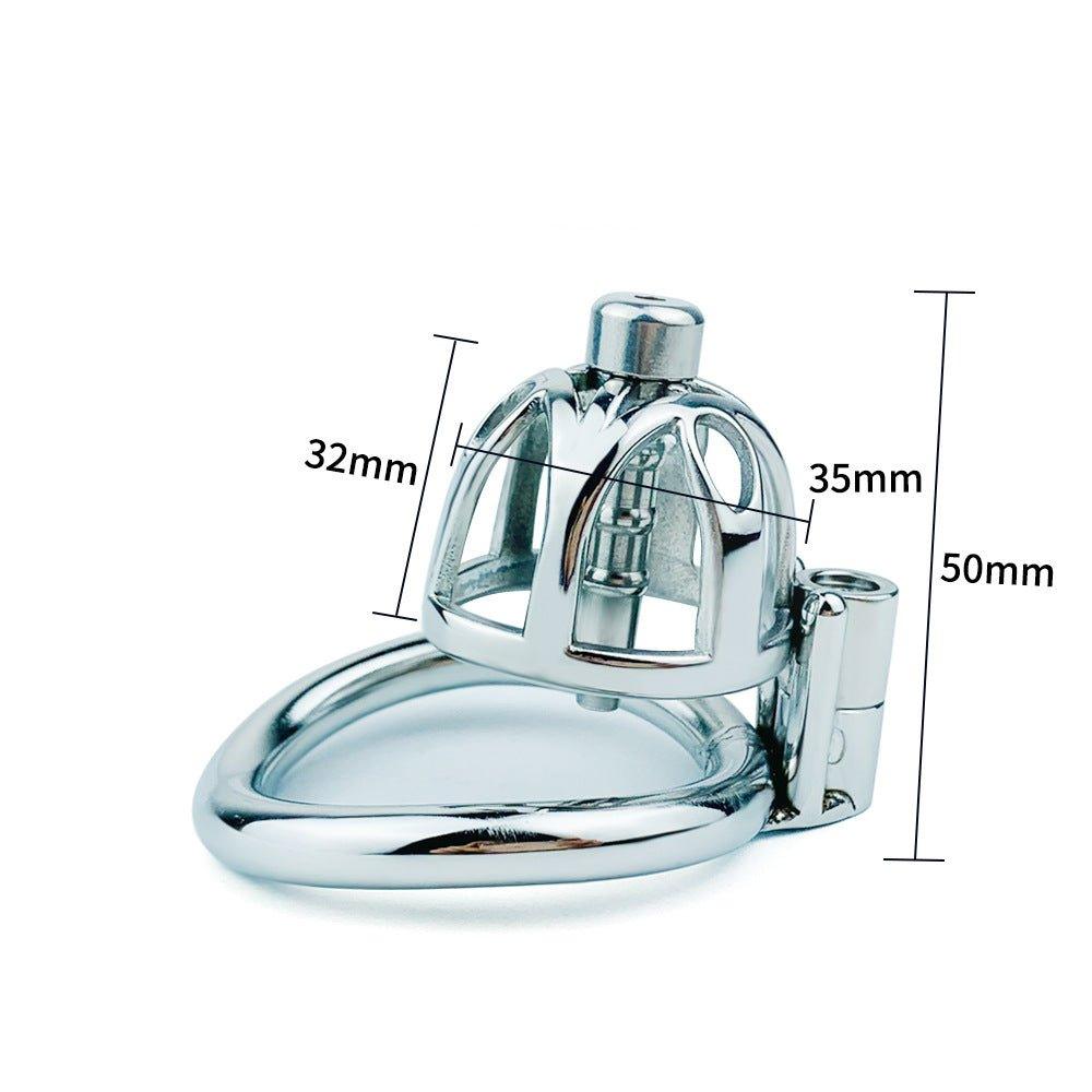 Steel chastity cage with dimensions labeled