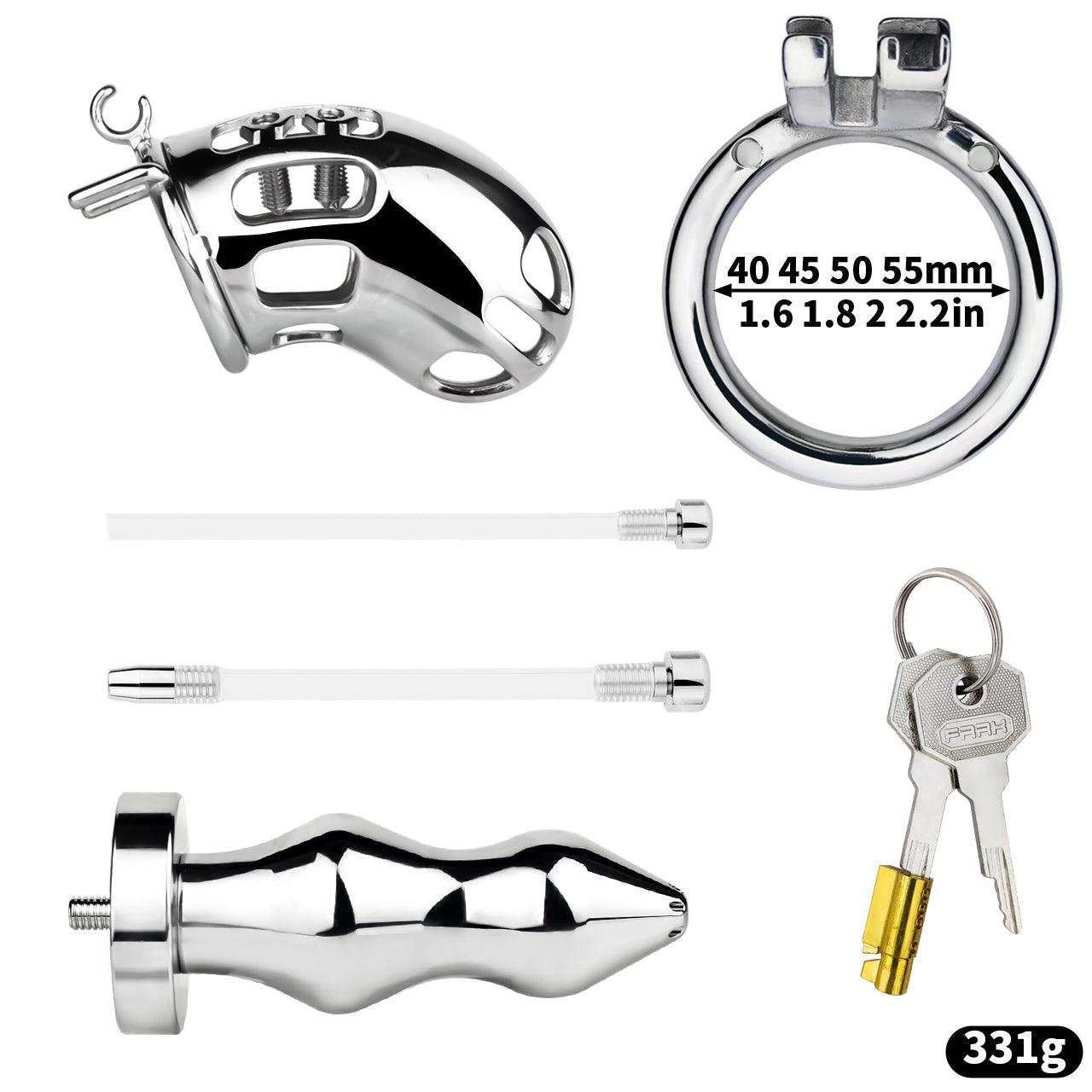 Medical-grade chastity cage with integrated butt plug and catheter for fetish pee and watersports