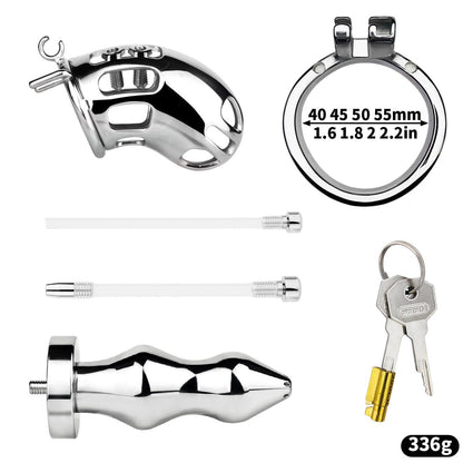 Chastity cage with catheter and metal butt plug for intense BDSM play and sexual watersports.