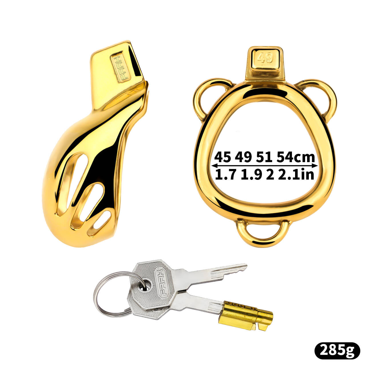 "Luxurious male chastity device with a sleek gold finish."