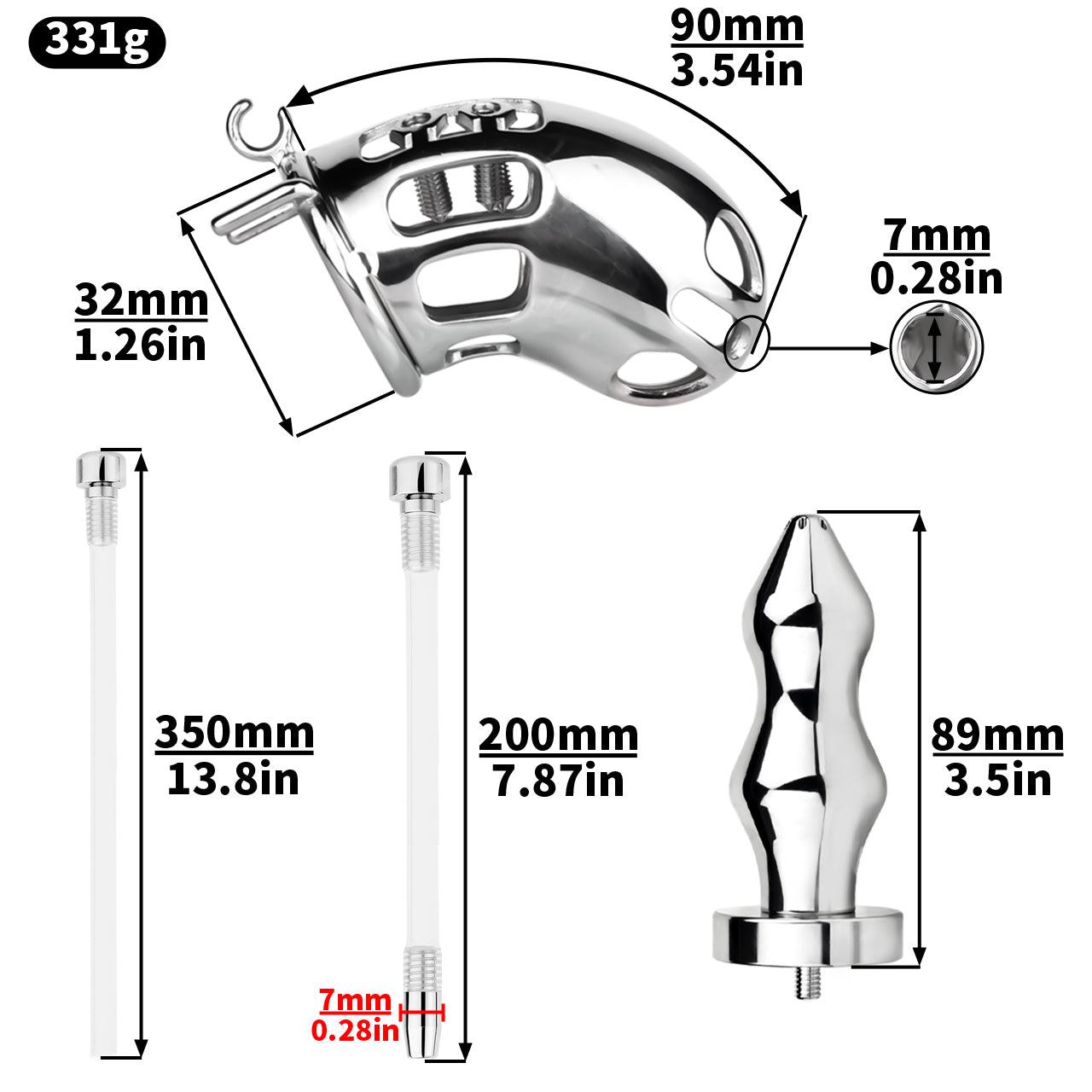 Innovative chastity catheter design with a metal butt plug for intense forced chastity and golden baths.