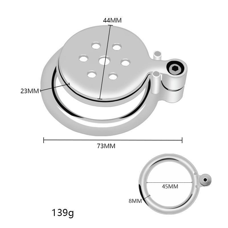 Flat chastity cage with dimensions, 73mm diameter