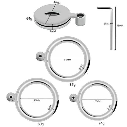 Chastity cage rings with measurements and tool