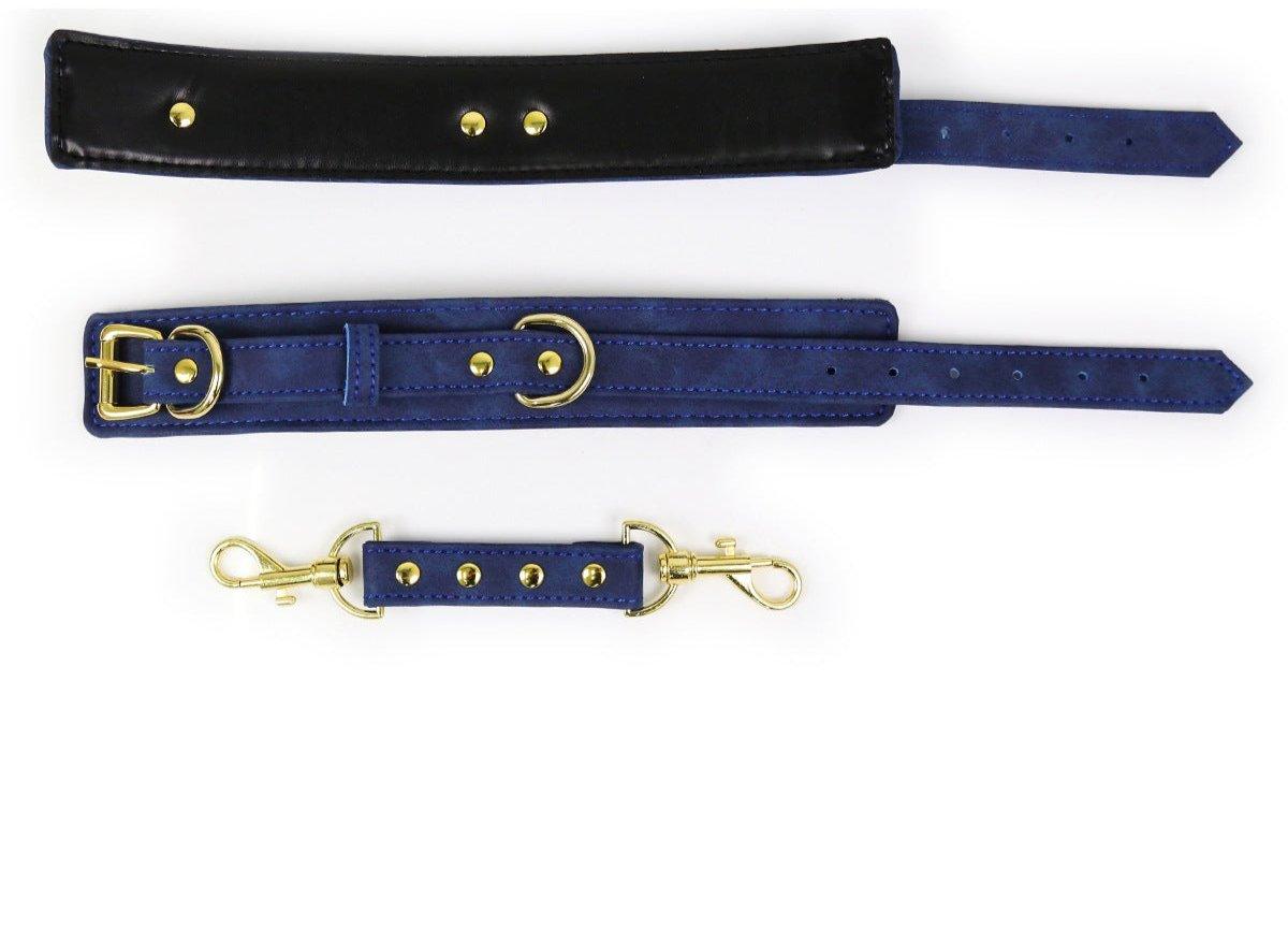 Blue faux leather hand cuffs and strap set