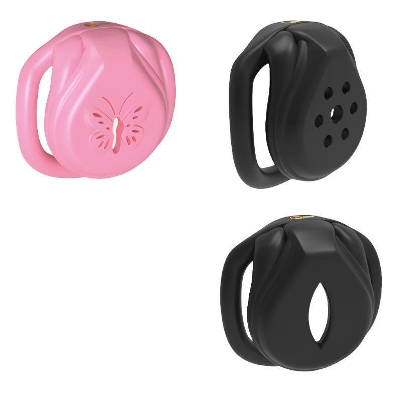 Pink and black male chastity cages with butterfly design