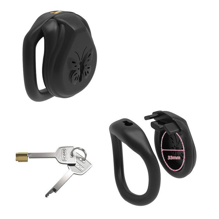 Black chastity cage with keys and butterfly design