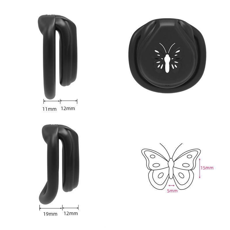 Black chastity cage with butterfly design and dimensions