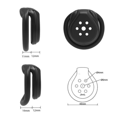 Black chastity cage with circular design and dimensions