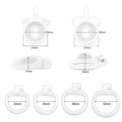 Transparent male chastity cage, fishnet design, bioresin material, compact size.