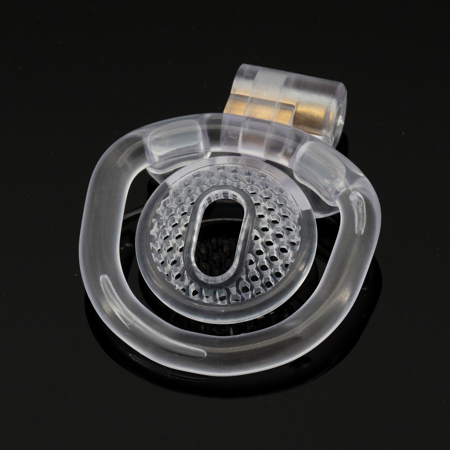 Transparent male chastity cage, flat fishnet design, bioresin material.