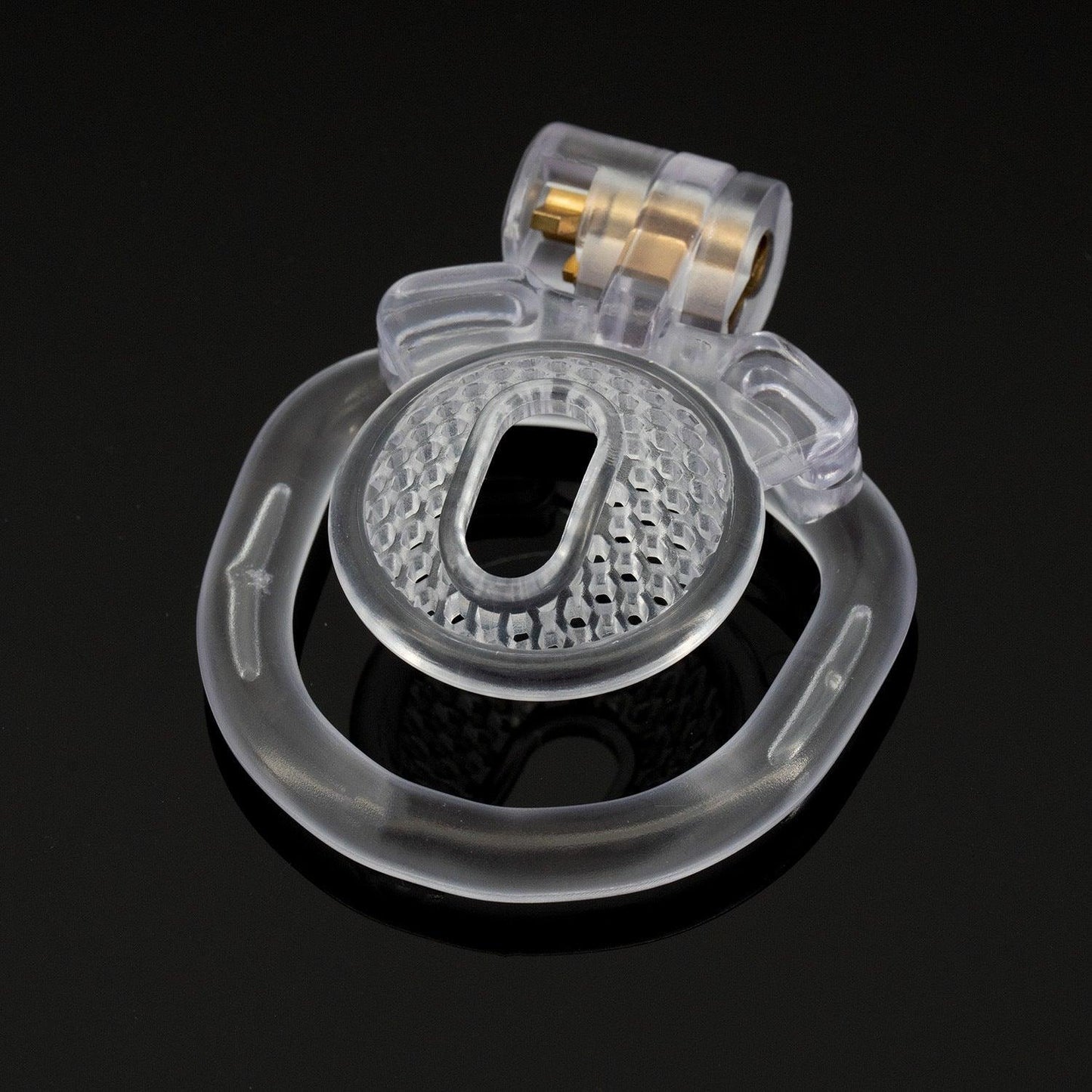 Transparent male chastity cage in fishnet design, bioresin material.