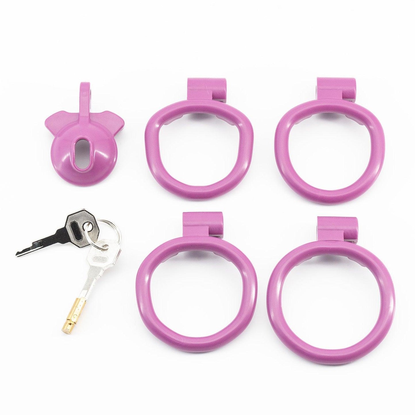 a set of four purple rings with keys