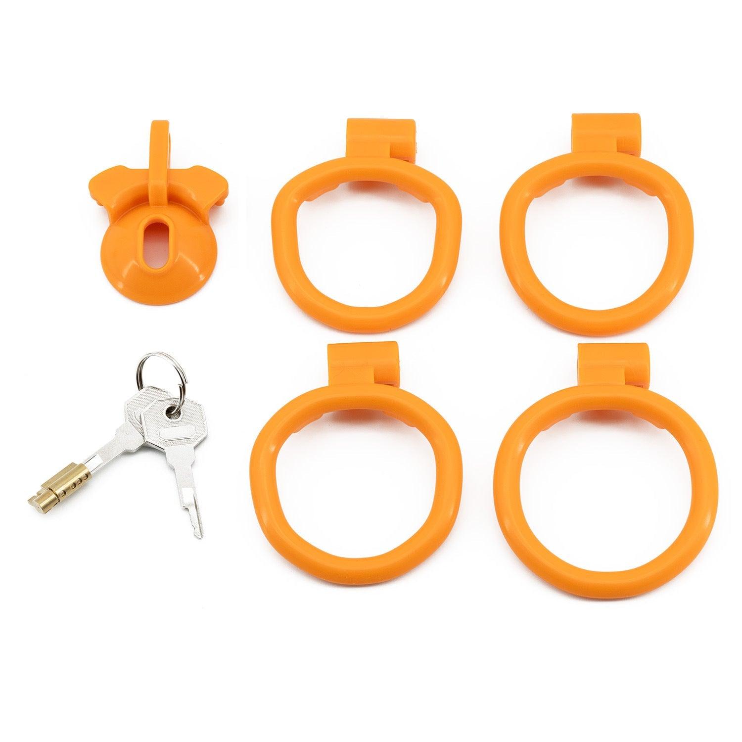 four pieces of orange plastic with keys and a keyring