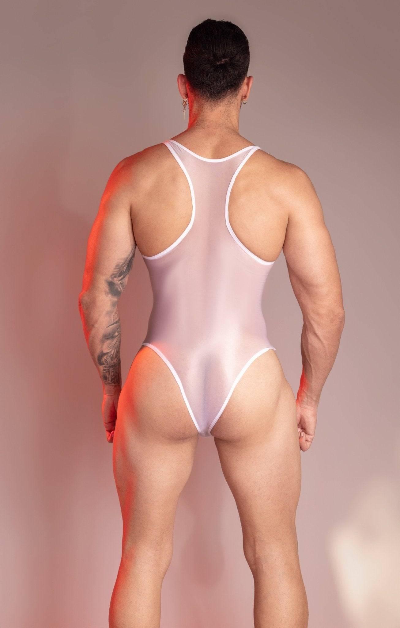 seductive Men’s nylon Bodysuit Wrestling See Through Singlet with pouch design Sissy Mankini Sheer Leotard Backless Vest Sleeveless One Piece Singlet gay big bulge dilf in leotard cross dressing men big ass see through butt high cut