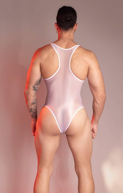 seductive Men’s nylon Bodysuit Wrestling See Through Singlet with pouch design Sissy Mankini Sheer Leotard Backless Vest Sleeveless One Piece Singlet gay big bulge dilf in leotard cross dressing men big ass see through butt high cut